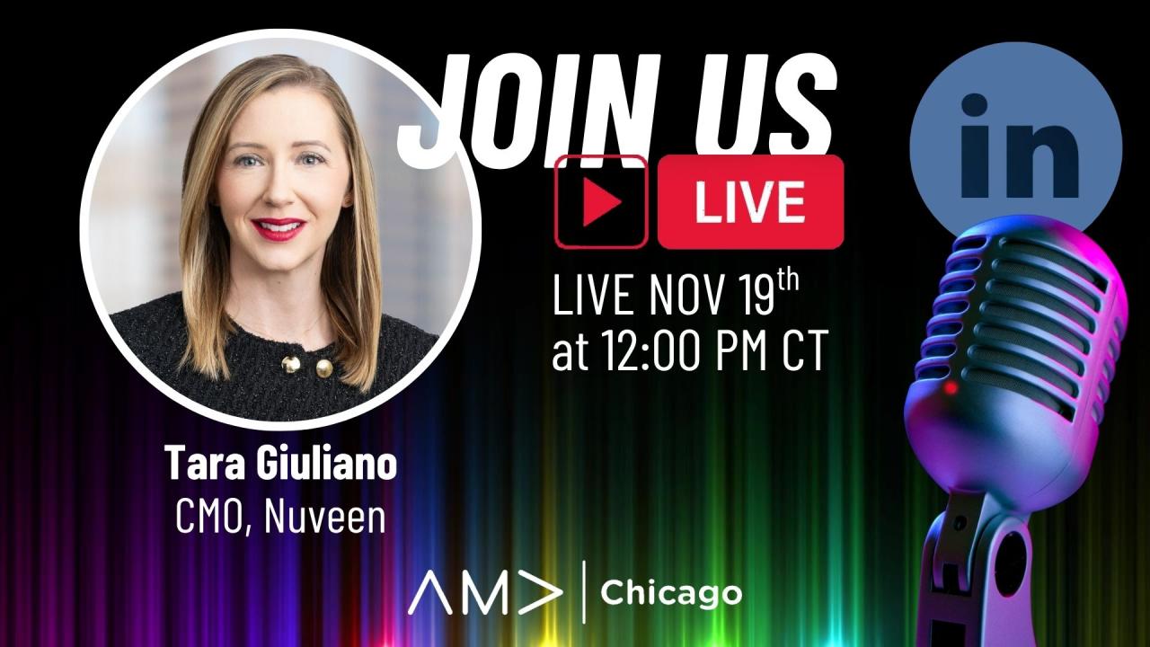Graphic for LI Live happening Nov. 19; shows a large radio microphone on one side, a headshot of 20205 Marketer of the Year Tara Giuliano on the other